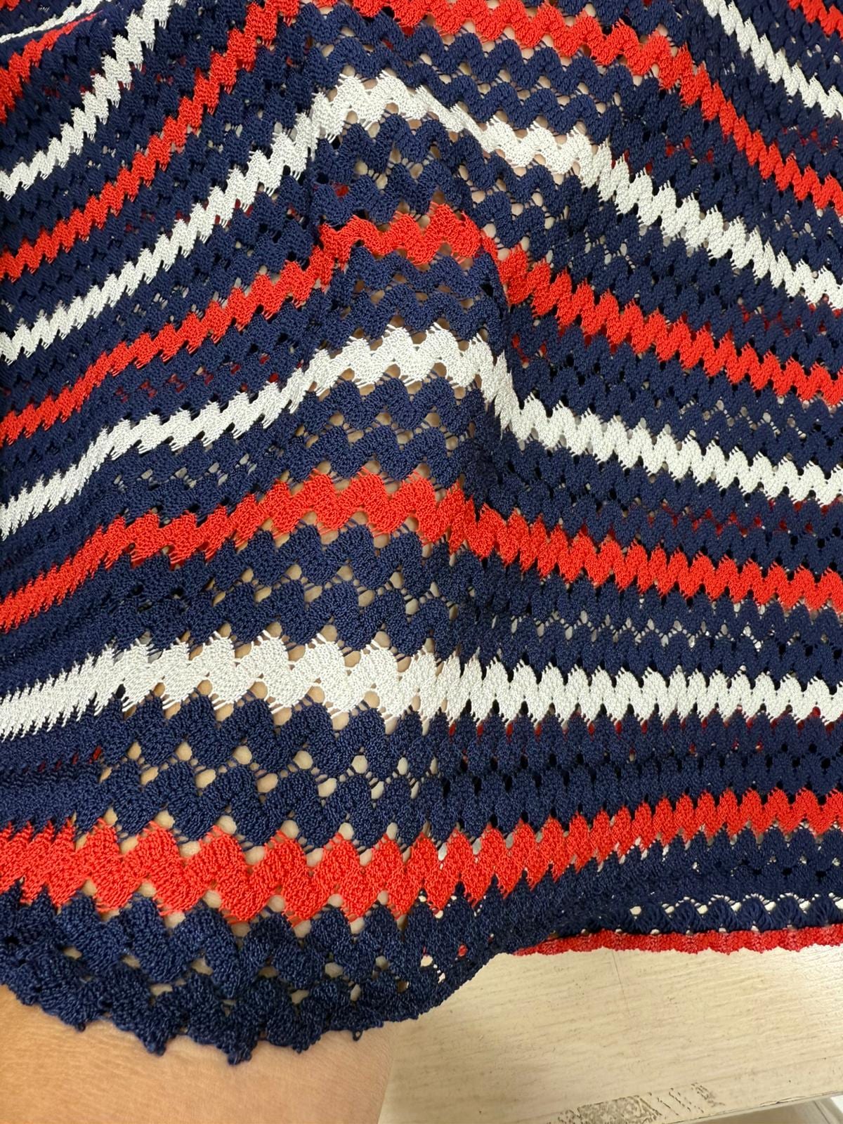 Chevron Knit Fabric: Red, Navy, White Zigzag Stretch Crochet