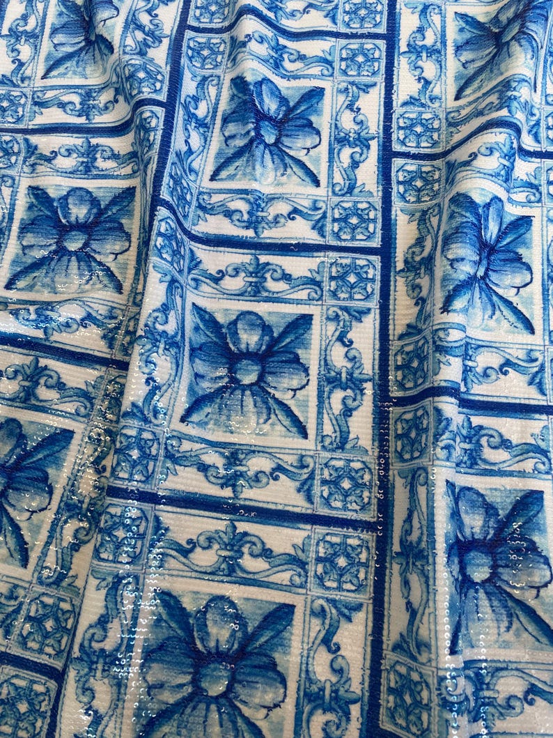 Blue Sewuin Pattern Blue Tile Pattern Sequin Fabric: Shiny Textured Dressmaking Material - Etsy