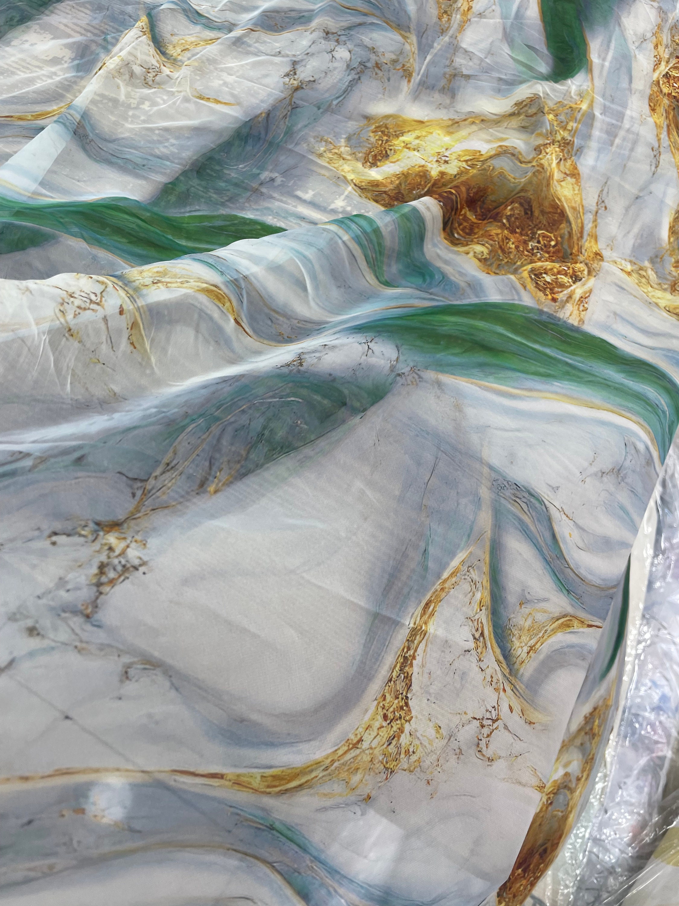Gold Green Marble Patterned Silky Chiffon Fabric -(printed