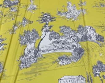 Yellow Toile Silky Satin Fabric: House, Animal Print