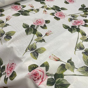 Pink Roses Fabric- Linen Fabric -Dressed Fabric -(Possibility to print on desired fabric)