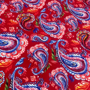 Red Paisley Patterned Silky Satin Fabric- Can be printed on the desired fabric type (linen-chiffon-satin-crepe-upholstery-velvet) lr