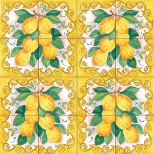 Sicilian Tile Style Pattern Linen fabric- Lemon Pattern-Majolica Design Fabric (printed on the desired fabric)-st