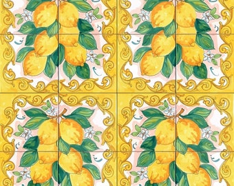 Lemon Pattern Linen Fabric: Sicilian Tile Style Majolica Design