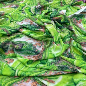 Green-Gold Marble Silky Satin Fabric: Vivid Dress Material
