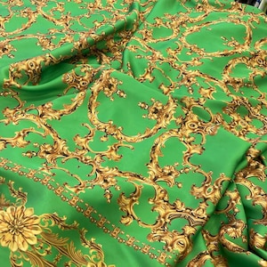 Baroque Green & Gold Silky Satin Fabric: Exclusive Pattern
