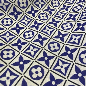 Geometric Linen Fabric: Blue & White Print, Dressmaking Sewing Material