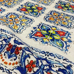 Majolica Blue White Pattern Silky Satin Fabric: Digital Print