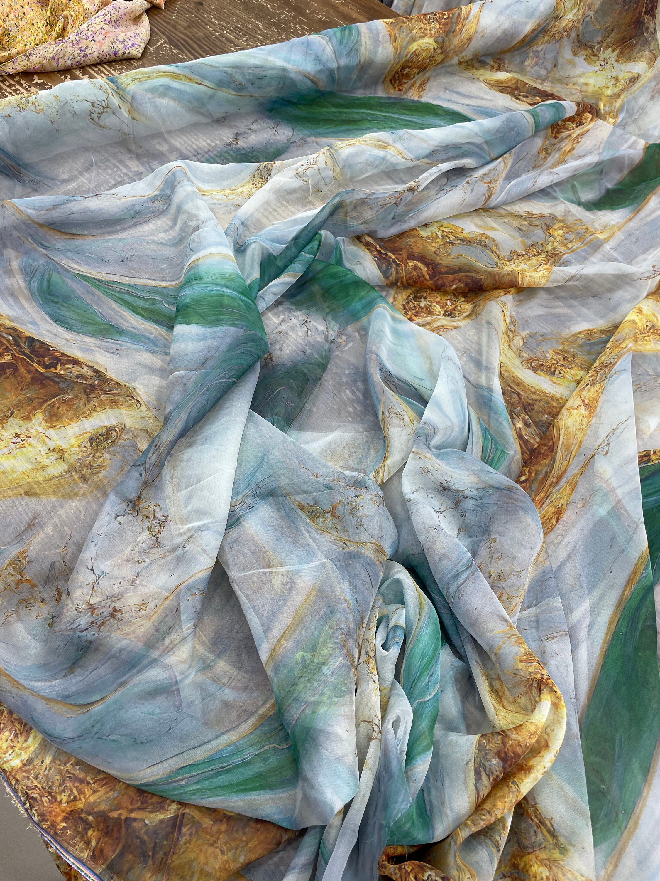 Gold Green Marble Patterned Silky Chiffon Fabric -(printed