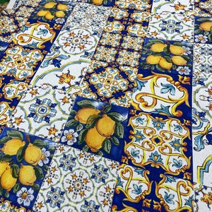 Lemon Ceramic Tile Pattern Linen Fabric: Italian Style