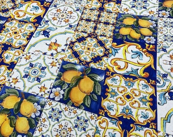Lemon Ceramic Tile Pattern Linen Fabric: Italian Style
