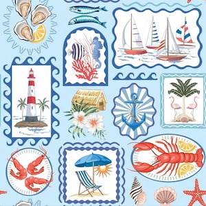 May include: A light blue nautical-themed pattern featuring various framed illustrations. The design includes images of sailboats, a lighthouse, marine life, a beach scene with an umbrella and chair, and other coastal elements.