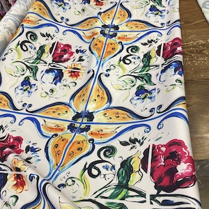 Majolica Tile Pattern Silky Satin Fabric: Exclusive Floral Print