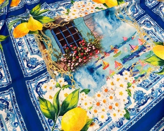 Floral Lemon Print Crepe Fabric: Sicilian Blue Houses Pattern