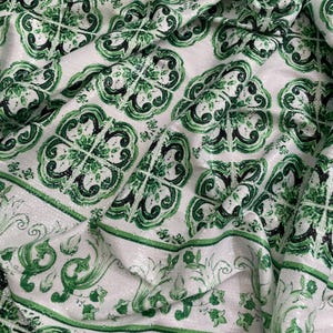 Green Majolica Patterned Sequin Fabric: Flexible Evening Dress Material