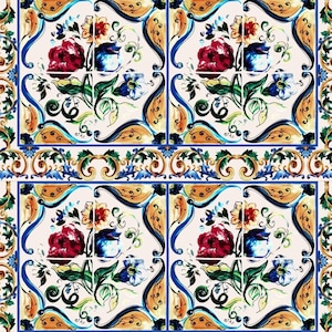 Sequin 2 way-flexible Fabric - Majolica Tile  Patterned Shiny Evening Dress Fabric in Vivid Colors -