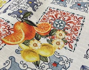Lemon and Flower Pattern Linen Fabric by yard