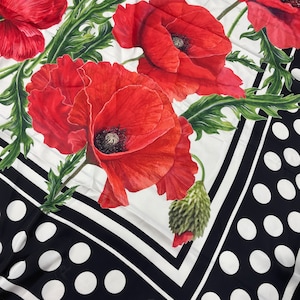 Silky Satin Fabric Poppy Flowers and Polka Dots Panel Fabric - ( 1.5 mt x 1.5 mt -1 panel) (Print is made on the desired fabric type) lr