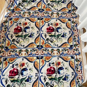 Sicilian Majolica Pattern Linen Fabric: Floral Print, 1.64 Yards Wide