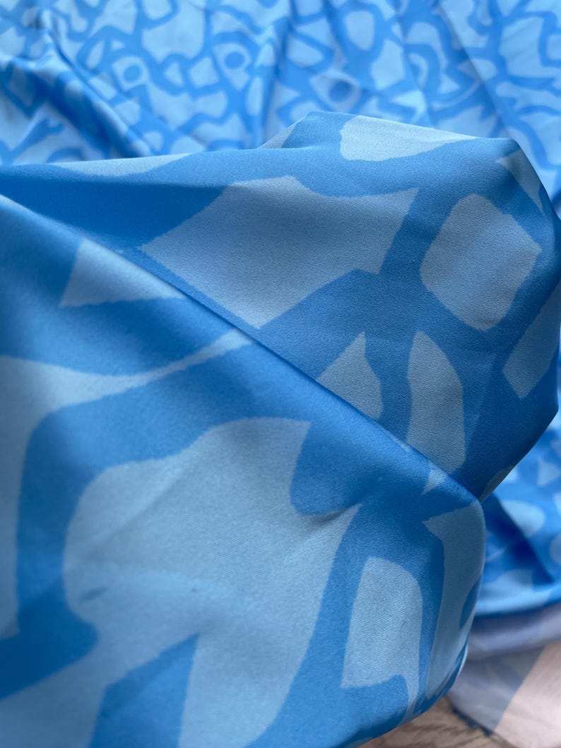 Blue Silky Satin Fabricgeometric Designany Printing Can Be Done on