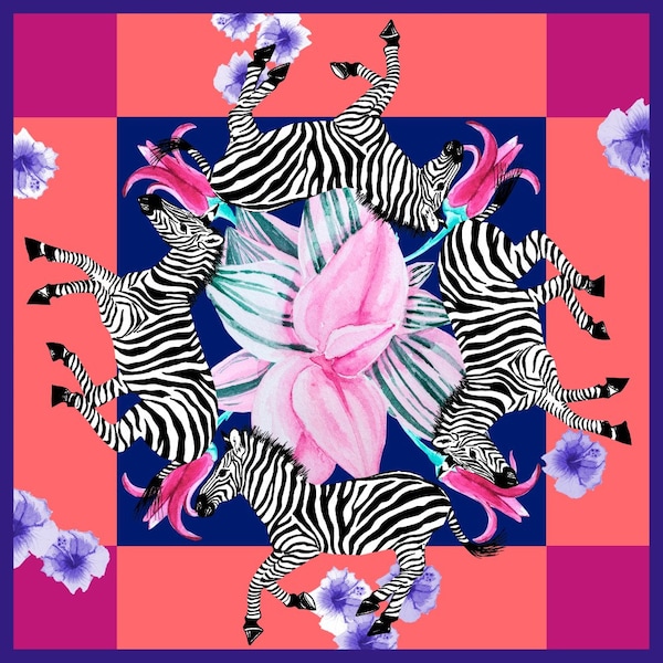 Damessjaal met Afrikaanse zebra's, aquarelbloemen en tropische palmbladeren - Pareo-design Voile Zomerstof 145 x 145 cm-sht