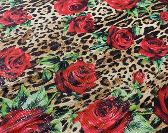 Sequin Lycra Fabric - Leopard Red Rose Patterned Shiny Evening Dress Fabric in Vivid Colors (Our desired patterns can be printed)lr