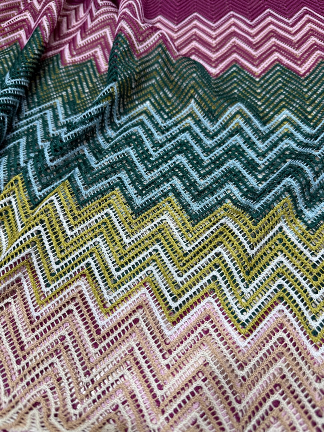 Knitt Fabric, Purple Green Blue Zigzag Pattern, Stretch Crochet ...