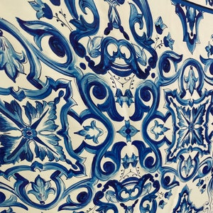 Majolica Blue Pattern Crepe  Fabric& Exclusive Pattern -