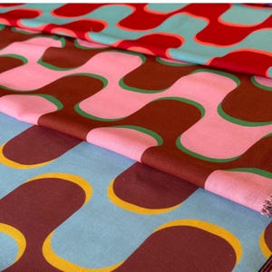 Tela de lino geométrica retro cortada a medida, tela textil abstracta colorida de estilo moderno de mediados de siglo por metro