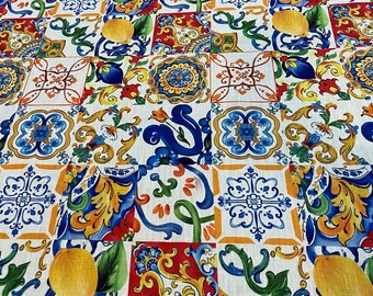 Lemon Majolica Linen Fabric - Italian Tile Print, 1.64 Yards