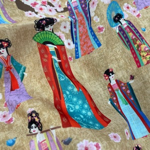 Japanese cherry blossoms and geishas Linen Fabric - (Possibility to print on any fabric)-ala-sht