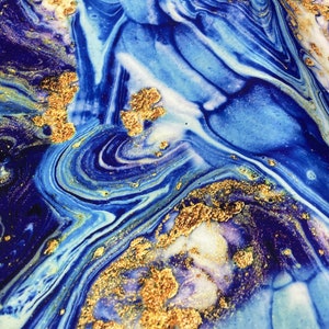 Blue & Gold Marble Silky Satin Fabric: Vivid Dress Material