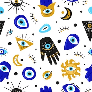Evil Eye Series Fabrics 6 Different Types of Patterned Linen Fabrics - Suitable for Fabric-Table Cover-Shirt-Curtain-Pillow Cover-Kimono
