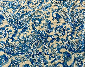 Baby Blue Paisley Linen Fabric: Digital Print, Soft Texture
