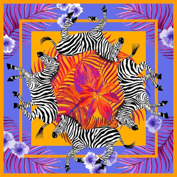 Damessjaal met Afrikaanse zebra's, aquarelbloemen en tropische palmbladeren - Pareo-design Voile Zomerstof 145 x 145 cm-sht