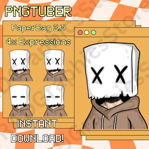 Paper bag 2.0、X Eyes、PNGTuber、PNG Tuber、即時ダウンロード、PNGTuber アニメアバター、ストリーマー、Discord、Youtube、Twitch、すぐに使用可能。