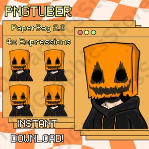 Op de afbeelding: Een digitale illustratie van een personage met een papieren zak over zijn hoofd. De zak is oranje en heeft een pompoengezicht erop getekend. Het personage draagt een zwarte hoodie met een oranje trekkoord. De tekst "PaperBag 2.0" en "4x Expressions" is zichtbaar in de afbeelding. De tekst "INSTANT DOWNLOAD!" is ook zichtbaar.