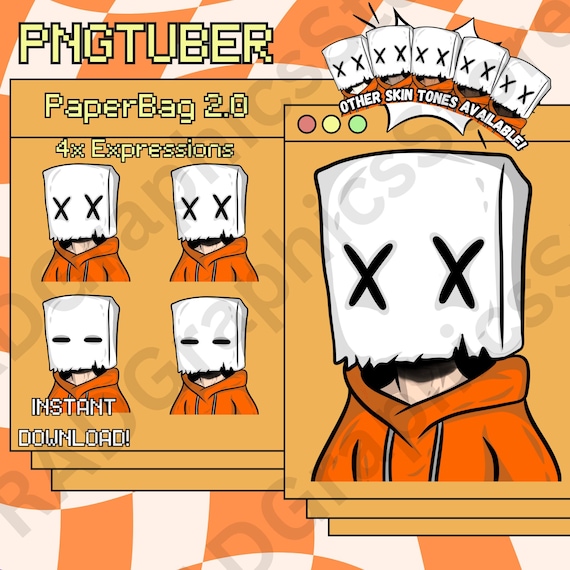 Paper Bag X Eyes PNGTuber Avatar, Orange Hoodie (Instant Download)