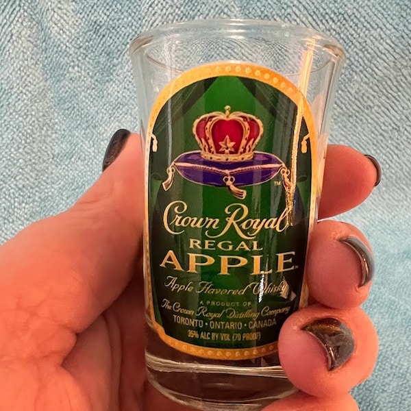 Crown Royal Regal Apple, Crown Royal Peach themed shot glass, adult gift, adult humor, snarky, Gift for him, for her, fun gift for a friend