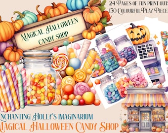 May include: A printable set of 24 pages of Halloween-themed images, including a candy shop, jars of candy, lollipops, and pumpkins. The set includes 130 colorful play pieces.