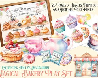 May include: A watercolor illustration of a magical bakery play set with 25 pages of printable bakery items and 60 colorful play pieces. The set includes a bakery storefront, cupcakes, donuts, pastries, cookies, teacups, a teapot, and sugar packets. The text on the sign reads "Magical Treats Menu" and lists the prices of various bakery items.