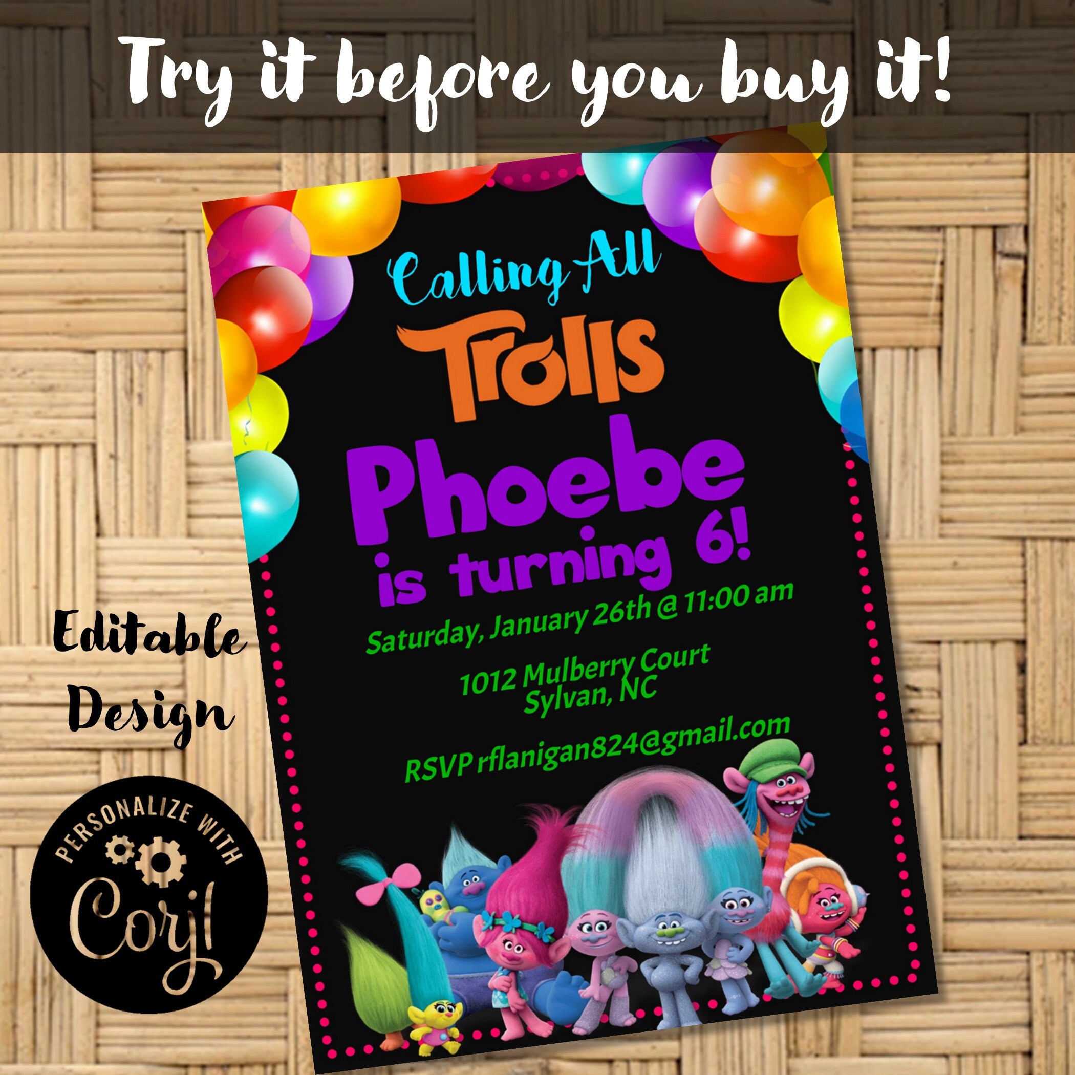Editable Trolls Printable Birthday Party Invitation Digital You Print