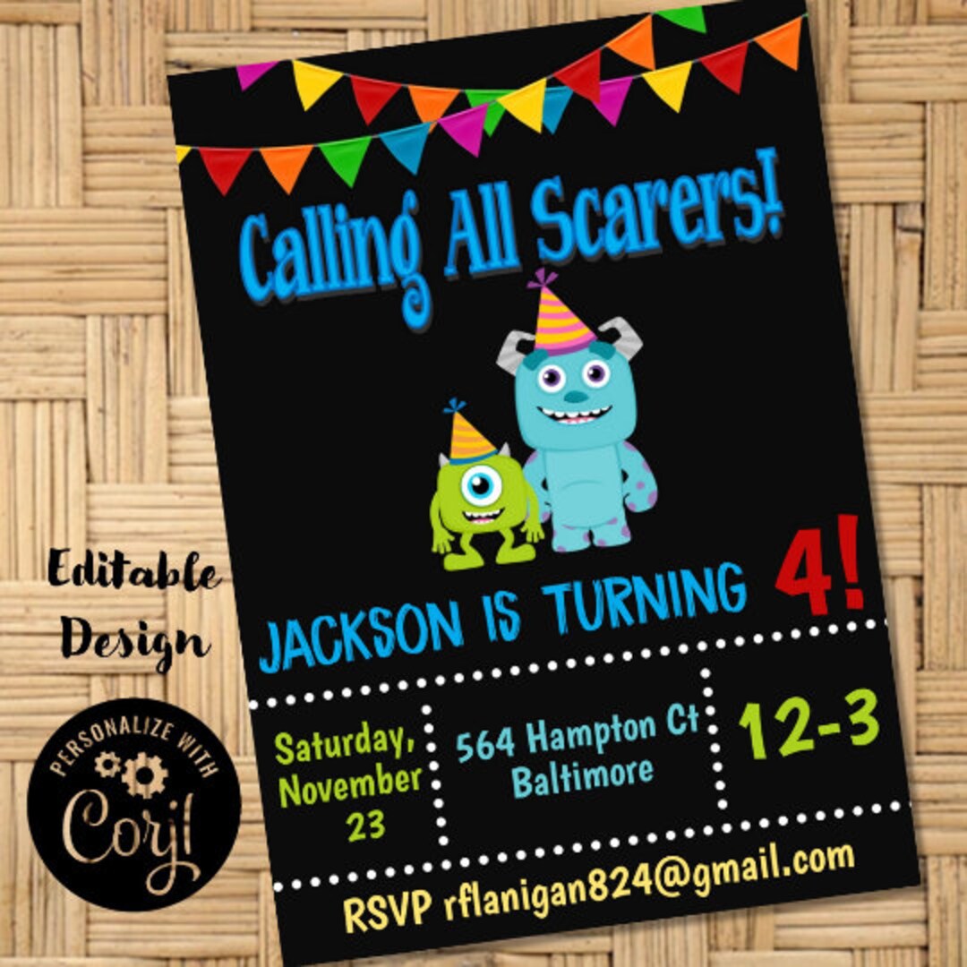 Editable Monsters Inc Chalk Birthday Invitation Printable Birthday