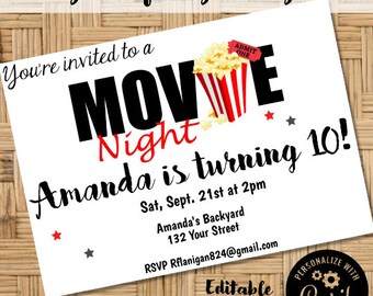 Editable Movie night invitation | Backyard movie party invitation | Movie Birthday Invitation DIY Digital Image You Print Corjl