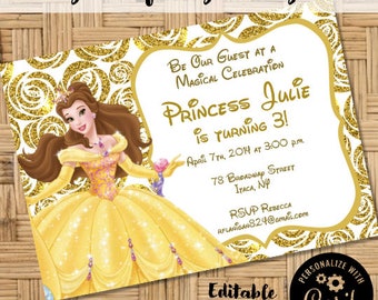 Editable Beauty and the Beast Princess Belle Gold Printable Birthday Party Invitation Digital Print Corjl