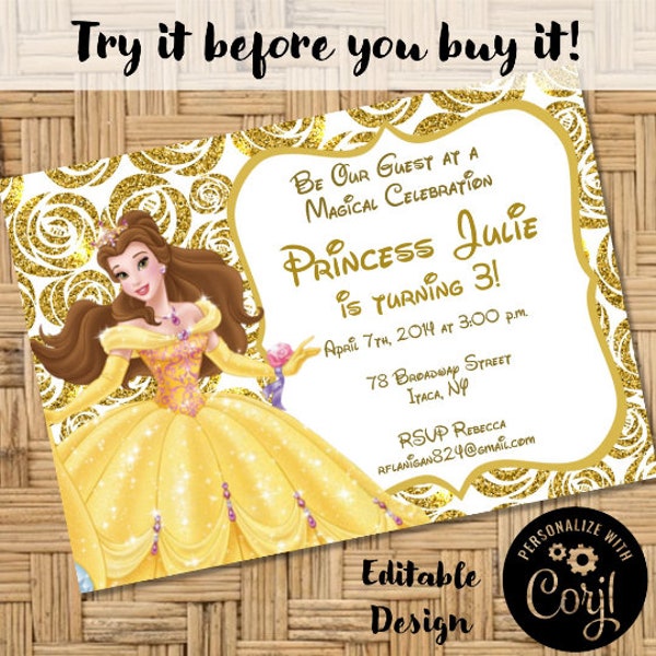 Editable Beauty and the Beast Princess Belle Gold Printable Birthday Party Invitation Digital Print Corjl