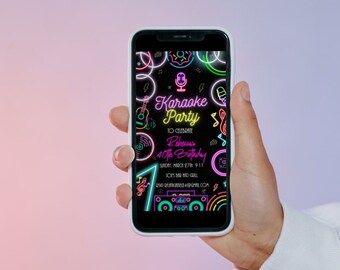 Editable Neon Karaoke Party Invitation, Birthday Invitation, Karaoke Party Singing Party IPhone Cell Phone Corjl