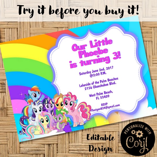 Editable My Little Pony Birthday Invitation Template, Printable Birthday Party Invitations, Digital Kids Party Invite