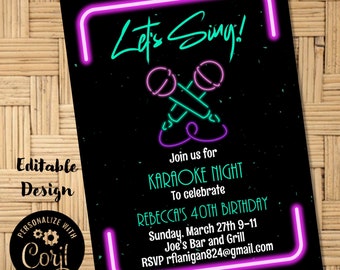 Editable Neon Karaoke Party Invitation, Birthday Invitation, Karaoke Party Singing Party You Print Corjl