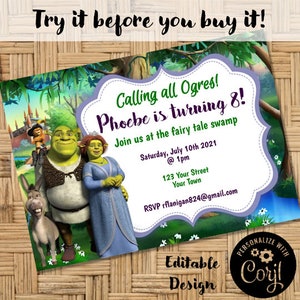 Editable Girls or Boys Shrek Printable Birthday Party Invitation Digital Editable Corjl